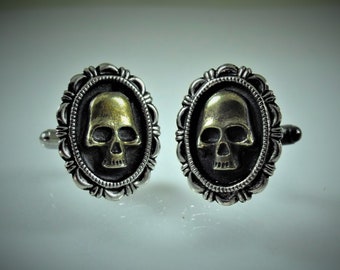 Mens  Silver Cufflinks,  With Gothic Bronze Skulls,  Mens Accessory Wedding Groomsmen