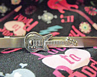 Tie Bar Tie Clip,   Mens Silver Guitar  Wedding Gift  Mens Accessories