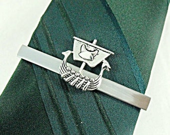 Tie Bar Tie Clip, Silver Valhalla Viking Sailing Ship Mens Accessories Handmade