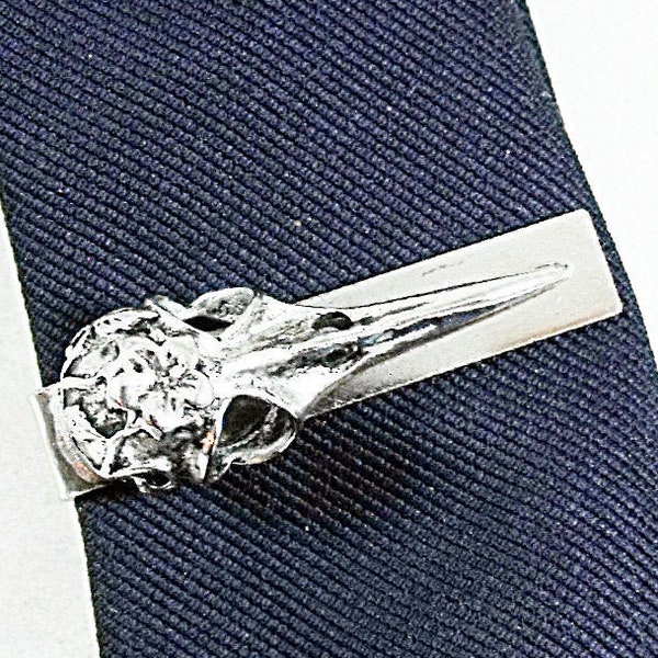 Tie Bar Tie Clip, Silver Gothic Raven's Skull  Mens Accessories  Handmade