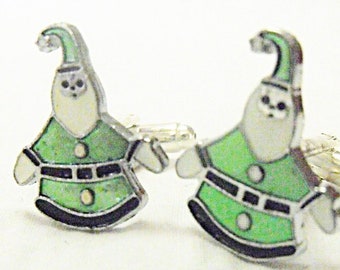 Mens Silver Cufflinks ,  Green Enameled Christmas Santa Claus   Mens Accessories Handmade