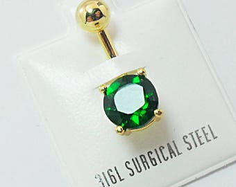 Belly Ring, CZ Emerald in a Gold Prong Setting  Women's Gift Handmade