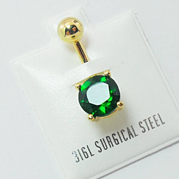 Belly Ring, CZ Emerald in a Gold Prong Setting  Women's Gift Handmade