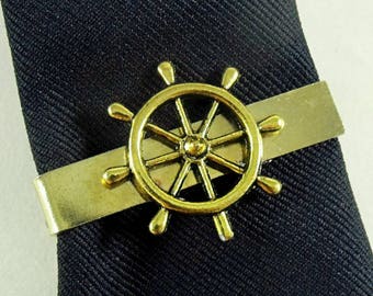 Tie Clip Tie Bar,    Mens Goldtone Ships Wheel  Mens Accessories  Handmade