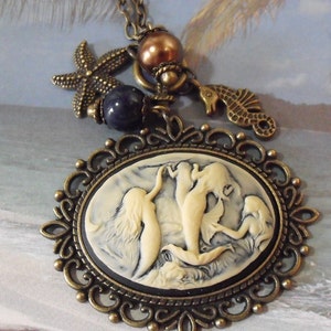 Cameo Pendant Necklace,   Nautical Mermaid Cameo With Pearls And Charms Bronze  Womes Gift