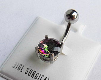 Belly Ring, Semi Precious Mystic Quartz Stone in a Surgical Steel Prong Setting  Womens Gift  Handmade