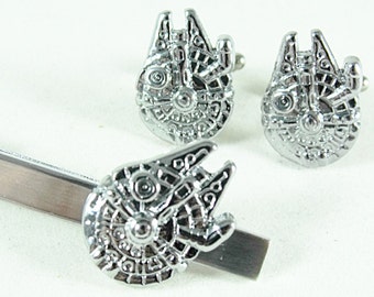 Star Wars Millennium Falcon Silver Tie Clip and Cufflink Set, Gift Box Mens Accessories Handmade
