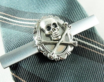 Tie Bar Tie Clip,  Mens Silver Gothic Skull and Cross Bones  Mens Accessories  Handmade