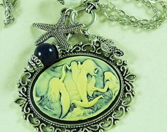 Silver Cameo Necklace, Nautical Mermaid With Pearl,  Blue Lapis Bead, Charms Womens Gift  Handmade