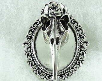 Brooch, Gothic Bird Skull Silver in Victorian Frame Mens Gift  Handmade