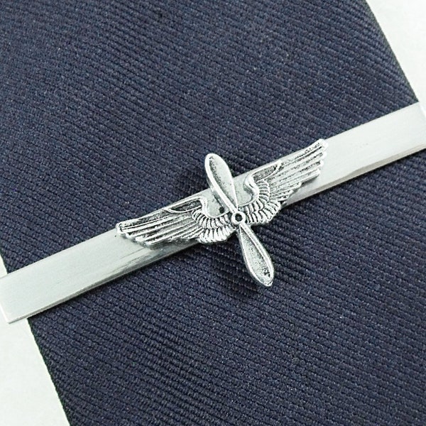 Tie Clip, Silver Aviator Wings and Propeller  Mens Accessories  Handmade