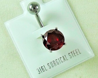 Belly Ring, CZ Ruby, In a Surgical Steel Prong Setting  Women's Gift Handmade