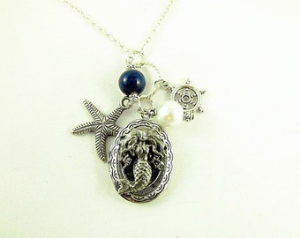 Silver Locket Necklace,   Oval Mermaid Locket With Pearl and Lapis Bead and Charms,  Womens Gift  Handmade