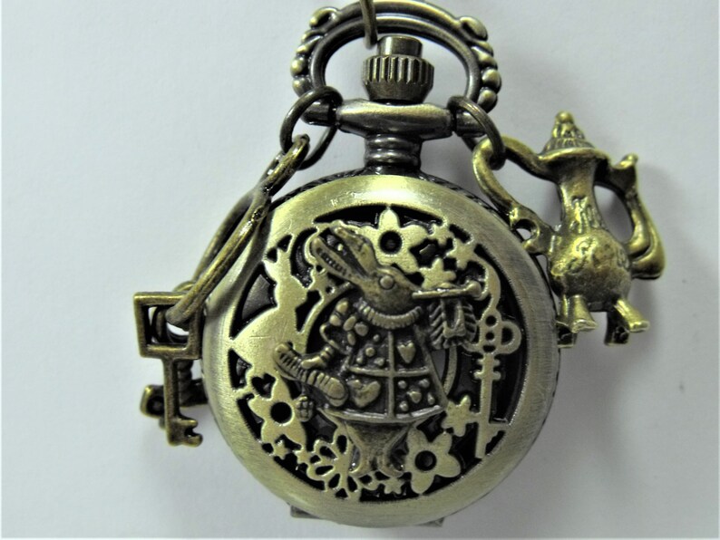 Pocket Watch Necklace, Bronze Keepsake Alice In Wonderland, White Rabbit, Women's Gift Handmade image 3