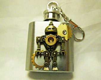 Flask,  Steampunk Robot, Bullet and Gears Mini Key Chain 1 Ouce Flask  Mens Womens Gift  Handmade