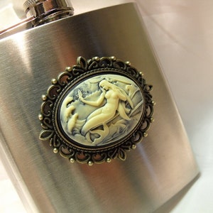 Flask,   Mermaid Cameo Stainless Steel 6 Ounce  Womens Gift  Handmade