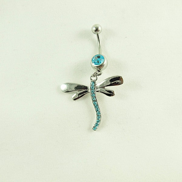 Belly Ring,  Dragonfly With Aqua Blue Rhinestone  Womens  Gift  Handmade