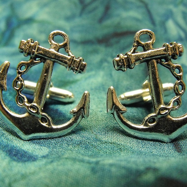 Mens Silver Cufflinks,   Nautical Anchor Steampunk Mens Accessory Wedding Groomsmen  Handmade