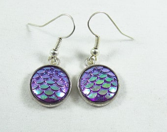 Silver Dangle Earrings, Mermaid Earrings Iridescent Purple Color Scale Cabochons,  Womens Gift  Handmade