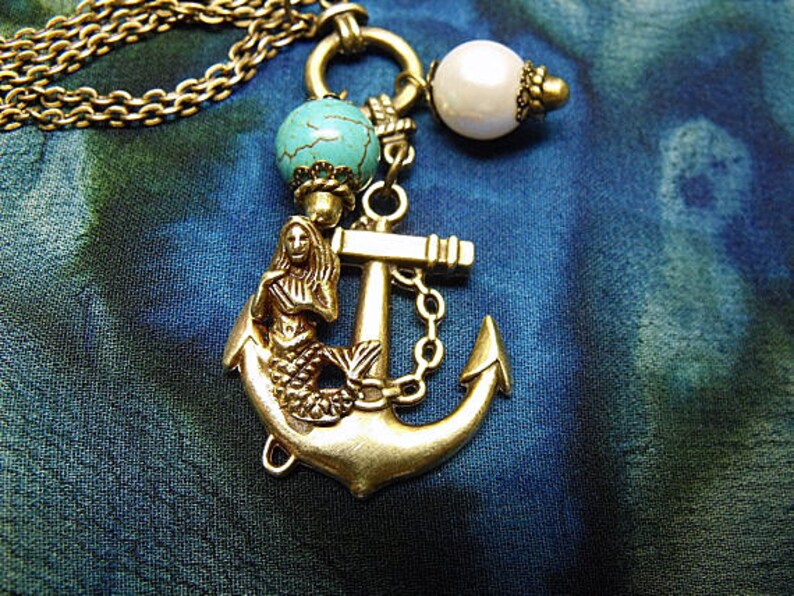 Goldtone Pendant Necklace Nautical Mermaid Sitting on Anchor - Etsy