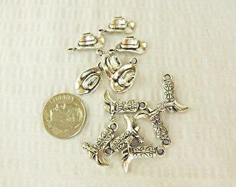 Silver Western Boot And Hat Charms  12 Piece Lot      Jewelry Making Supplies