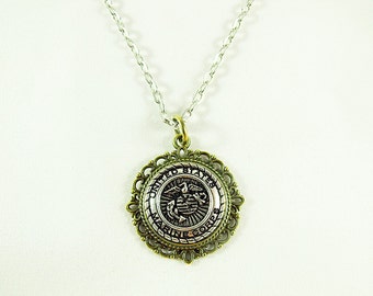 Pendant Necklace,  Marine Corps Women's or Men's Necklace Bronze and Silver, Spouses Necklace