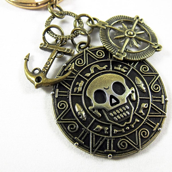 Key Chain,  Pirates Coin Medallion,  With Nautical Charms Polished Bronze  Men's Women's Gift  Handmade