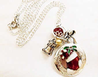 Silver Locket Necklace,  Enameled Christmas Stocking, With Charms and Beads  Womens Gift Handmade