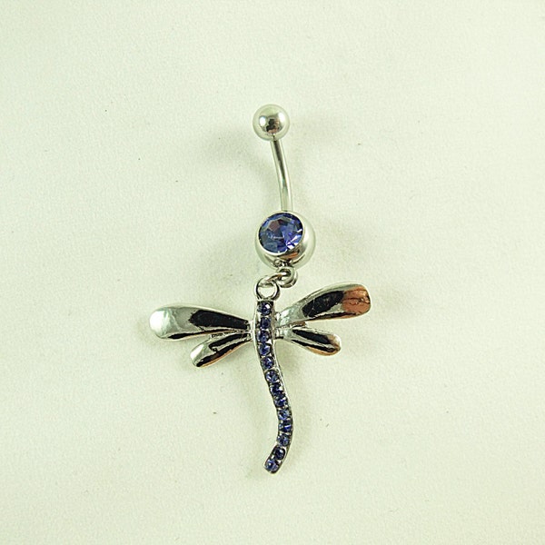 Belly Ring,  Silver Dangle Dragonfly  With Lavender Rhinestones  Womens Gift