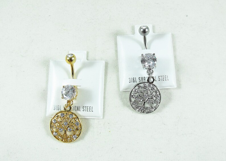 Tree Of Life Belly Ring Clear Rhinestones Womens Gift Handmade Silver or Gold