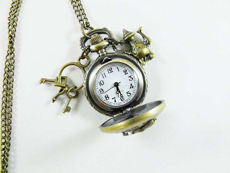 Pocket Watch Necklace, Bronze Keepsake Alice In Wonderland, White Rabbit, Women's Gift Handmade image 6