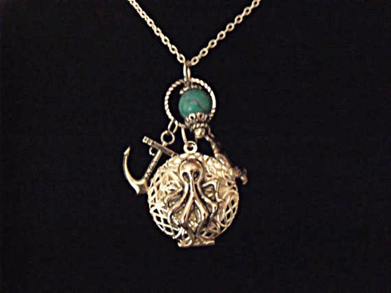 Silver Locket Necklace, Steampunk Octopus Locket With Turquoise Bead And Charms Womens Gift image 1