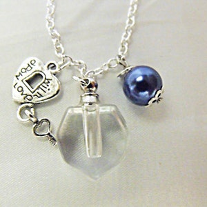 Perfume Bottle Pendant Necklace, Clear Glass With Blue Pearl And Charm, Womens Gift Handmade image 2