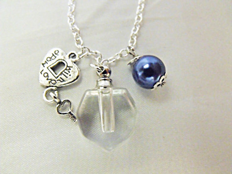 Perfume Bottle Pendant Necklace, Clear Glass With Blue Pearl And Charm, Womens Gift Handmade image 2