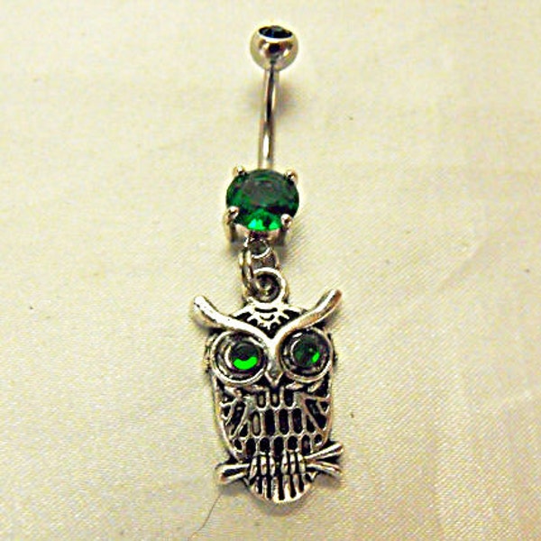 Belly Ring,  Owl with Emerald Green Eyes Womens Gift  Handmade