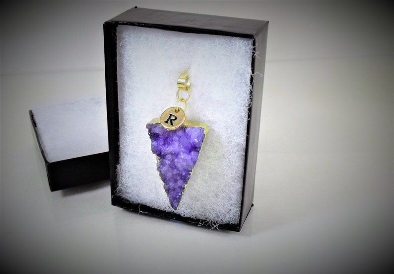 Womens Gift Handmade Druzy Necklace Purple Amethyst and Gold Personalized Initials