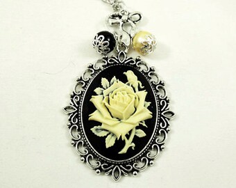 Silver Cameo Necklace,     Classic Victorian Rose,  Ivory On Black With Charms And Pearls  Womens Gift  Handmade