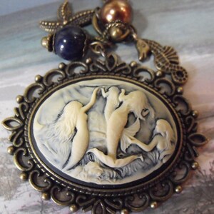 Cameo Pendant Necklace, Nautical Mermaid Cameo With Pearls And Charms Bronze Womes Gift image 3