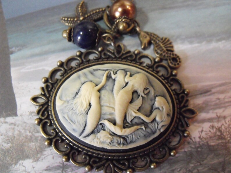 Cameo Pendant Necklace, Nautical Mermaid Cameo With Pearls And Charms Bronze Womes Gift image 3