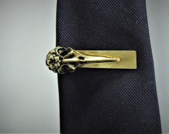 Gold Tie Bar, Tie Clip, Gothic Raven's Skull  Men's Accessories  Handmade