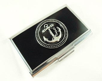 Credit Card Holder, Business Card Holder,  Silver Nautical Anchor,  Mens Womens Gift  Handmade