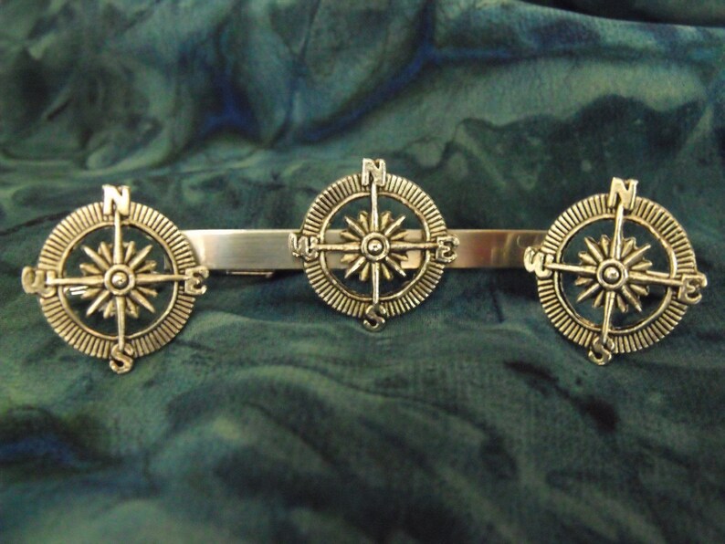 Tie Bar Tie Clip And Cufflinks Gift Set Mens Silver Compass Mens Accessories Handmade
