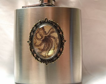 Flask,   Steampunk Giant Octopus Image Flask Bronze 6 ounce Mens Womens Gift  Handmade