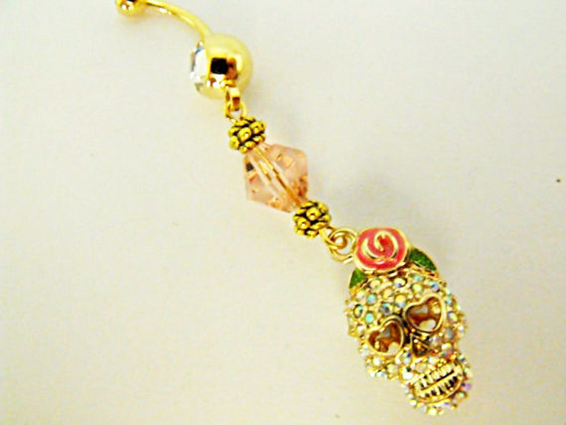 Belly Ring, Gold Skull With Rhinestones And Skarovski Bead Womens Gift Handmade image 1