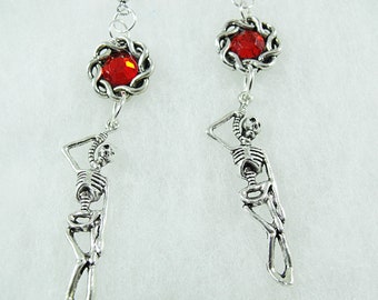 Silver Dangle Earrings,   Gothic Halloween Hanging Skeleton With Red Rhinestones   Womens Gift Handmade