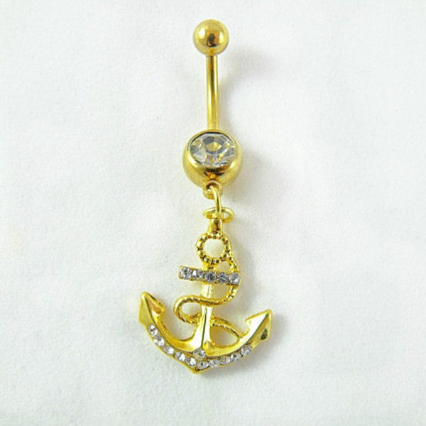 Belly Ring,   Nautical Gold Anchor With Rhinestones, Womens Gift  Handmade