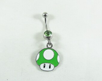 Belly Button Ring,  Dangle Mario Brothers Green Mushroom One Up Womens Gift  Handmade