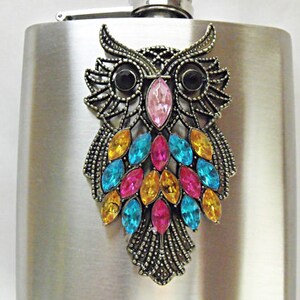 Flask, Colorful Large Owl With Rhinestones, Womens Gift Idea Wedding Favors Flask For Women Handmade 6 Ounces image 1