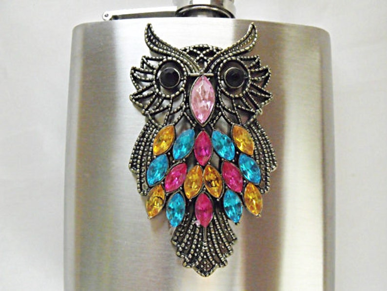 Flask, Colorful Large Owl With Rhinestones, Womens Gift Idea Wedding Favors Flask For Women Handmade 6 Ounces image 1
