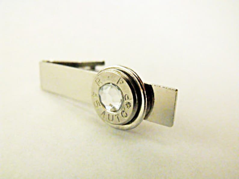 Tie Bar Tie Clip Mens Gift Handmade Winchester Bullet 45 Caliber Nickel Plated With Clear Rhinestone